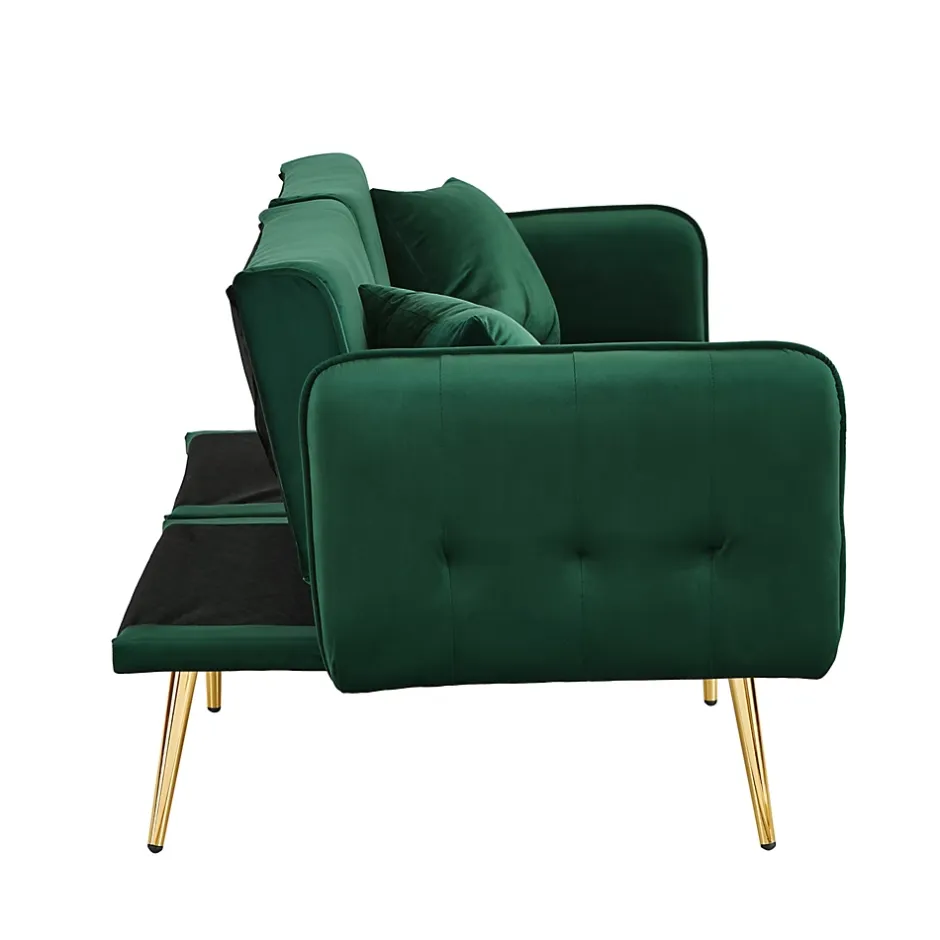 Redom Lit 215x81,5 cm convertible velours, dossiers et accoudoirs multipositions, pieds métal doré, style moderne Online