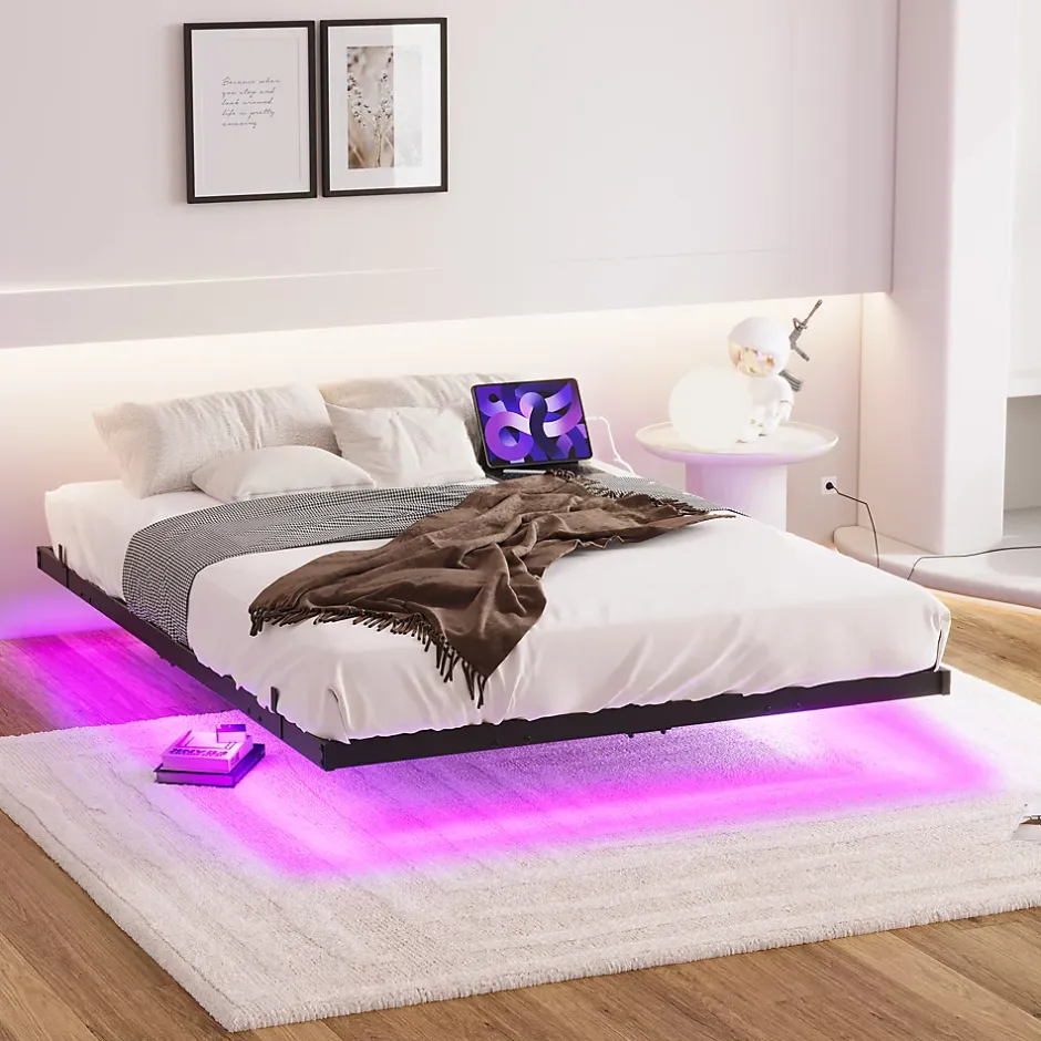 Redom Lit 120x200 cm effet flottant avec éclairage LED et station de charge intégrée, finition noir Hot