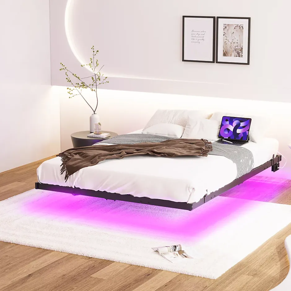 Redom Lit 120x200 cm effet flottant avec éclairage LED et station de charge intégrée, finition noir Hot