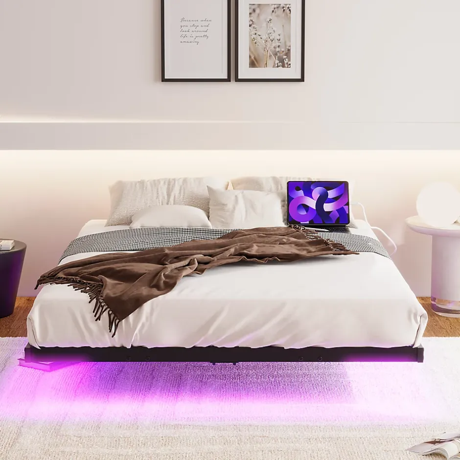 Redom Lit 120x200 cm effet flottant avec éclairage LED et station de charge intégrée, finition noir Hot