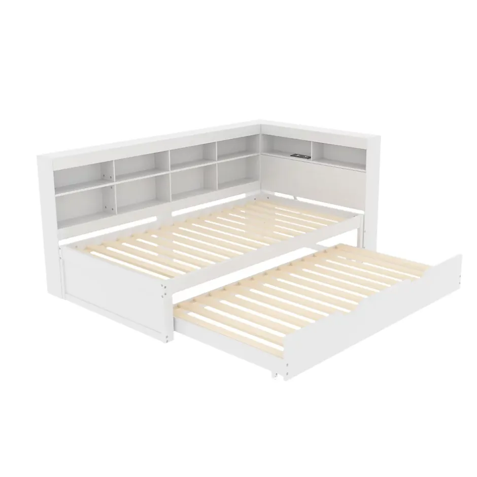 Redom Lit 140x200 cm en bois massif blanc avec rangement intégré et prise USB, design contemporain Online