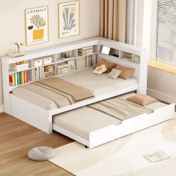 Redom Lit 140x200 cm en bois massif blanc avec rangement intégré et prise USB, design contemporain Online