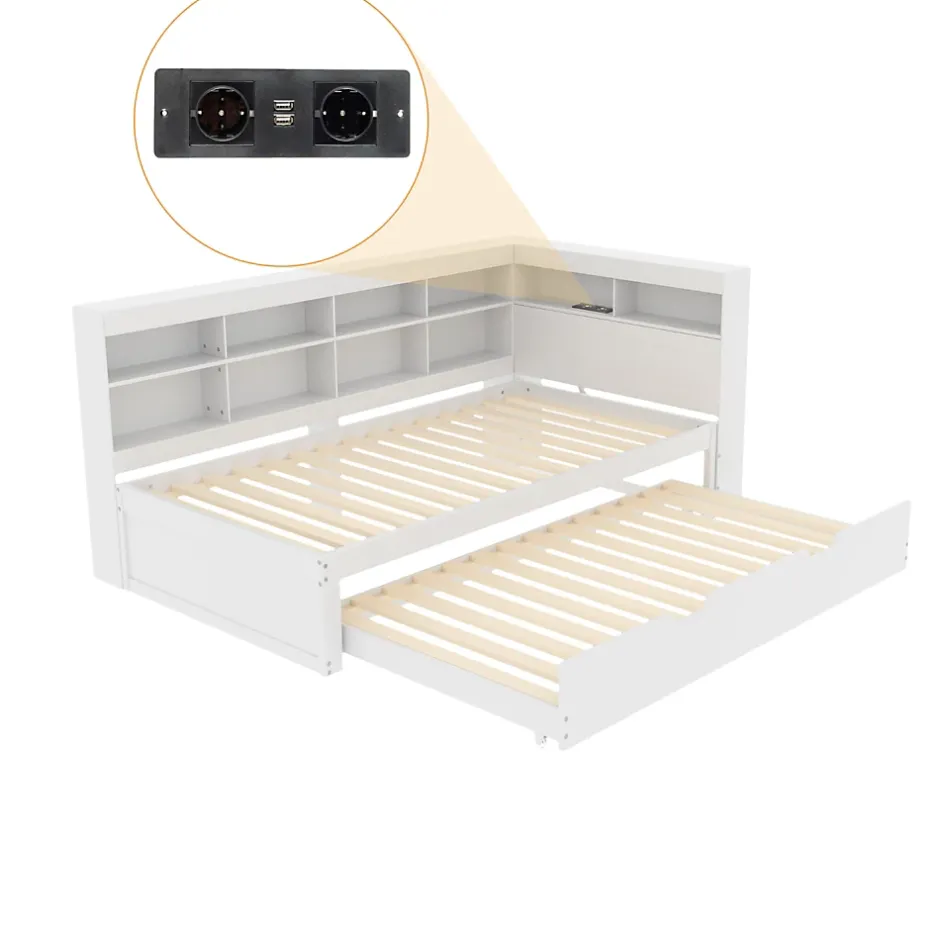 Redom Lit 140x200 cm en bois massif blanc avec rangement intégré et prise USB, design contemporain Online
