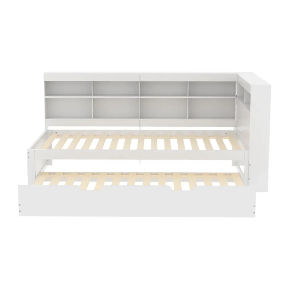 Redom Lit 140x200 cm en bois massif blanc avec rangement intégré et prise USB, design contemporain Online