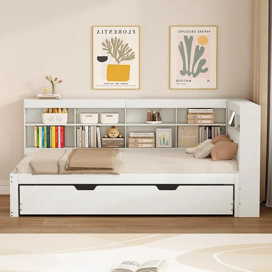 Redom Lit 140x200 cm en bois massif blanc avec rangement intégré et prise USB, design contemporain Online