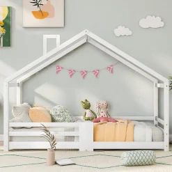 Enfant Redom Lit 90x200 cm en bois massif blanc, forme maison avec cheminée, barrières anti-chute 4 côtés et lattes rigides