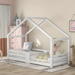 Enfant Redom Lit 90x200 cm en bois massif blanc, forme maison avec cheminée, barrières anti-chute 4 côtés et lattes rigides