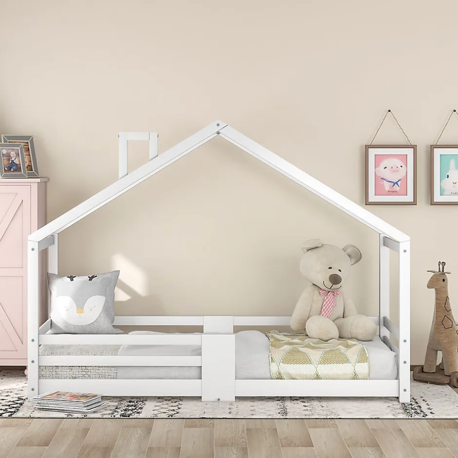 Enfant Redom Lit 90x200 cm en bois massif blanc, forme maison avec cheminée, barrières anti-chute 4 côtés et lattes rigides