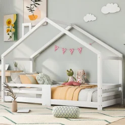 Enfant Redom Lit 90x200 cm en bois massif blanc, forme maison avec cheminée, barrières anti-chute 4 côtés et lattes rigides
