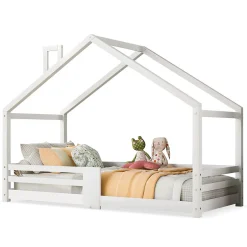 Enfant Redom Lit 90x200 cm en bois massif blanc, forme maison avec cheminée, barrières anti-chute 4 côtés et lattes rigides