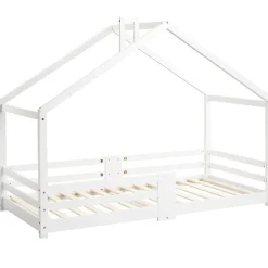 Enfant Redom Lit 90x200 cm en bois massif blanc, forme maison avec cheminée, barrières anti-chute 4 côtés et lattes rigides