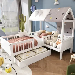Redom Lit 90x200 cm en bois massif forme maison avec rangement intégré et tiroirs, coloris blanc Best