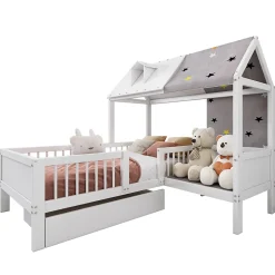 Redom Lit 90x200 cm en bois massif forme maison avec rangement intégré et tiroirs, coloris blanc Best