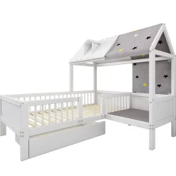 Redom Lit 90x200 cm en bois massif forme maison avec rangement intégré et tiroirs, coloris blanc Best