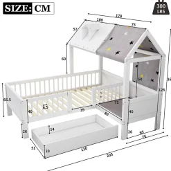 Redom Lit 90x200 cm en bois massif forme maison avec rangement intégré et tiroirs, coloris blanc Best