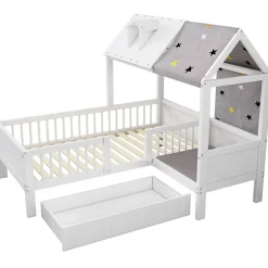 Redom Lit 90x200 cm en bois massif forme maison avec rangement intégré et tiroirs, coloris blanc Best