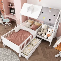 Redom Lit 90x200 cm en bois massif forme maison avec rangement intégré et tiroirs, coloris blanc Best