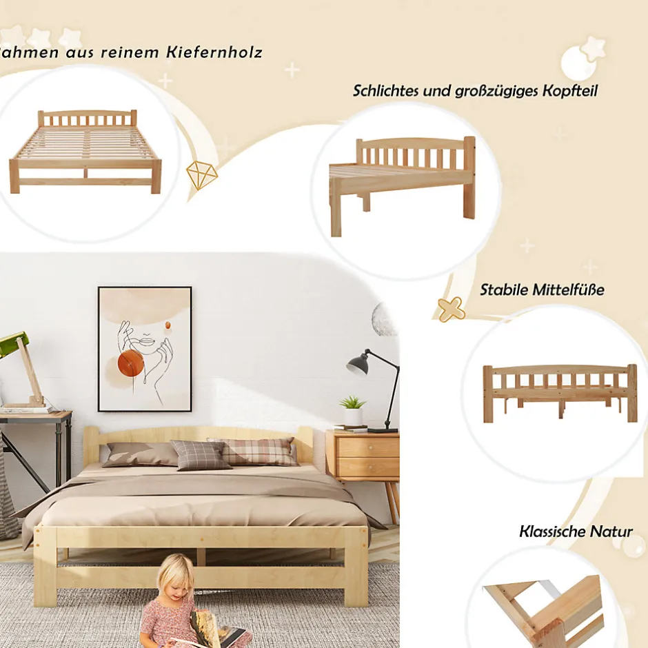 ProximaX Lit 140x200 cm en bois massif naturel avec tête de lit et sommier à lattes, lit futon solide pour adolescents et adultes