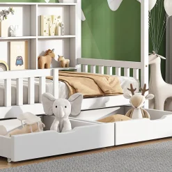 Enfant Redom Lit 90x200 cm en bois massif style scandinave en forme de maison avec 2 tiroirs de rangement blanc