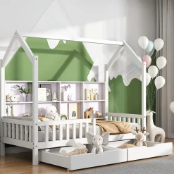 Enfant Redom Lit 90x200 cm en bois massif style scandinave en forme de maison avec 2 tiroirs de rangement blanc