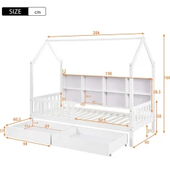 Enfant Redom Lit 90x200 cm en bois massif style scandinave en forme de maison avec 2 tiroirs de rangement blanc