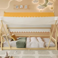 Enfant Redom Lit 90x200 cm en bois massif style maison avec tente amovible et barrières de sécurité, finition blanc/naturel
