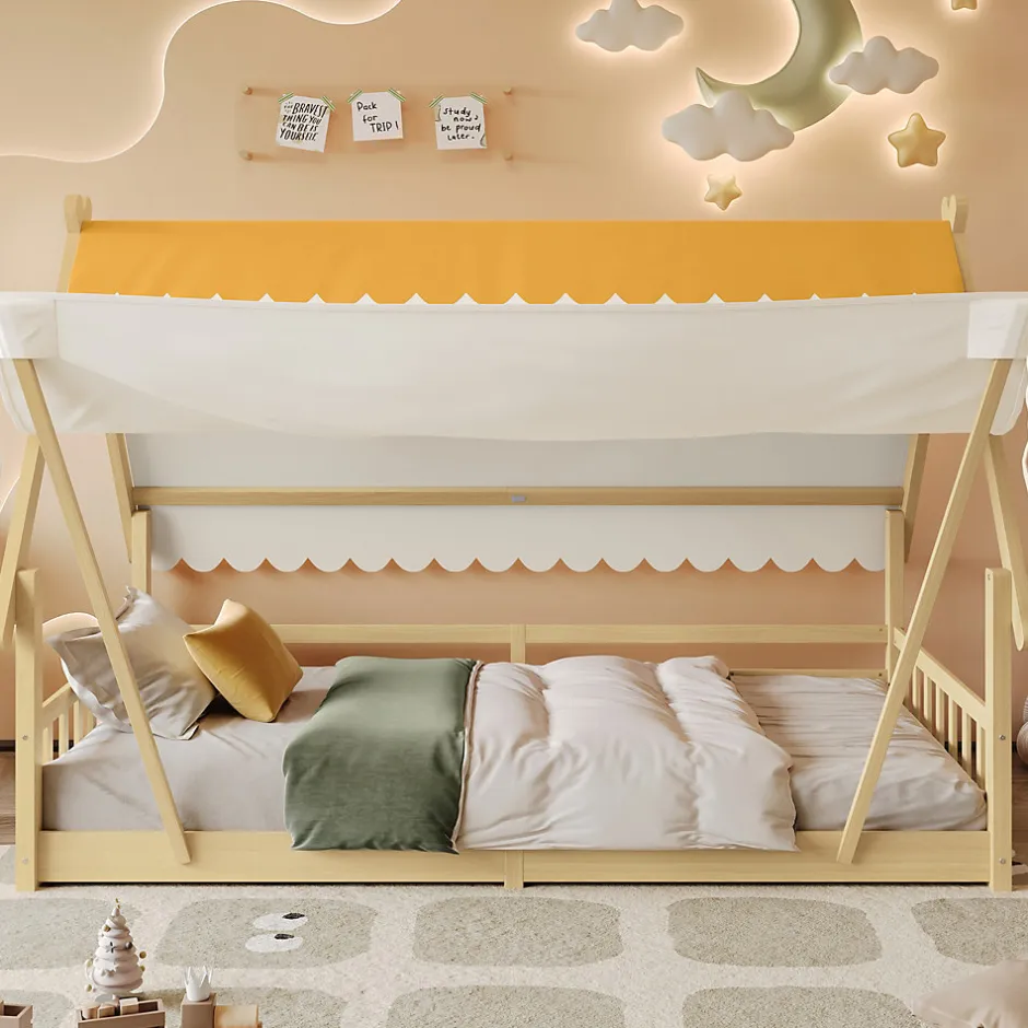 Enfant Redom Lit 90x200 cm en bois massif style maison avec tente amovible et barrières de sécurité, finition blanc/naturel