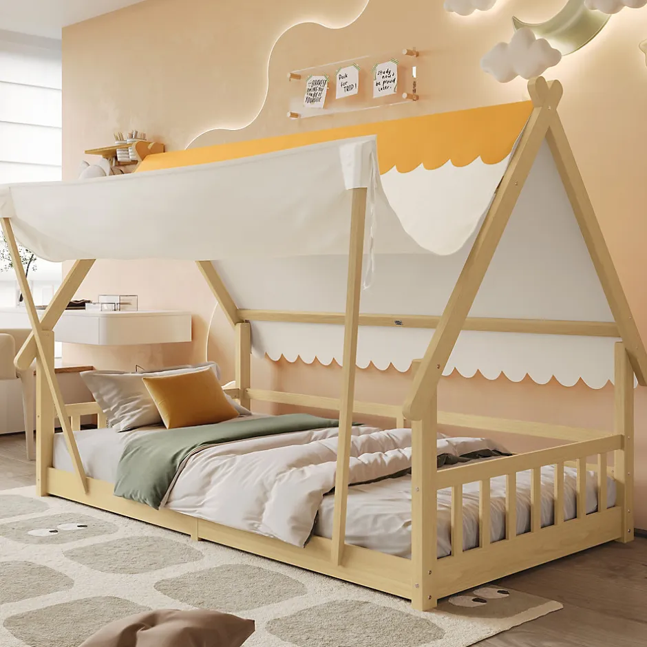 Enfant Redom Lit 90x200 cm en bois massif style maison avec tente amovible et barrières de sécurité, finition blanc/naturel