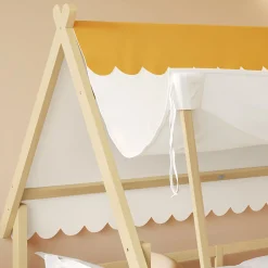 Enfant Redom Lit 90x200 cm en bois massif style maison avec tente amovible et barrières de sécurité, finition blanc/naturel