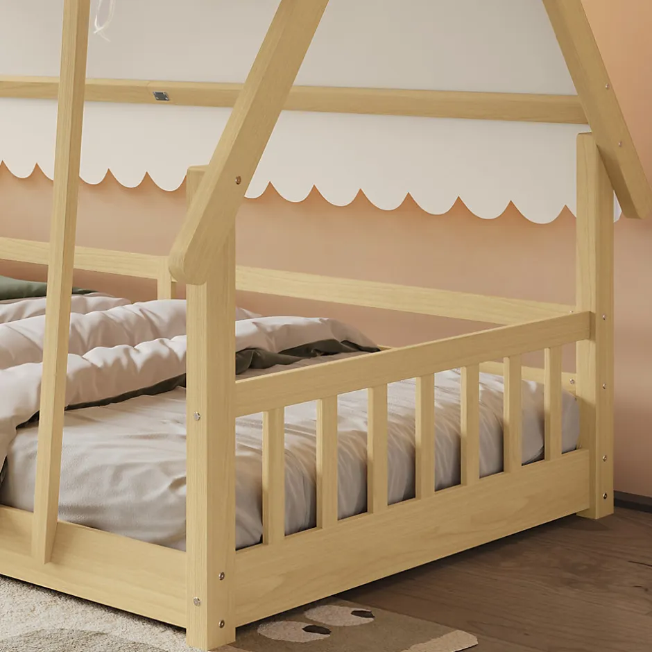 Enfant Redom Lit 90x200 cm en bois massif style maison avec tente amovible et barrières de sécurité, finition blanc/naturel