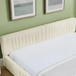 Redom Lit 140x200 cm en chenille beige avec plis décoratifs, structure bois d'eucalyptus et cadre métal solide New