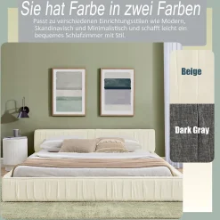 Redom Lit 140x200 cm en chenille beige avec plis décoratifs, structure bois d'eucalyptus et cadre métal solide New
