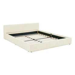 Redom Lit 140x200 cm en chenille beige avec plis décoratifs, structure bois d'eucalyptus et cadre métal solide New