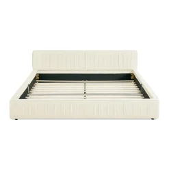 Redom Lit 140x200 cm en chenille beige avec plis décoratifs, structure bois d'eucalyptus et cadre métal solide New