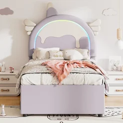 Redom Lit 90x200 cm en forme de licorne avec tête de lit en PU et tiroir gigogne, style enfant violet, MDF robuste Best