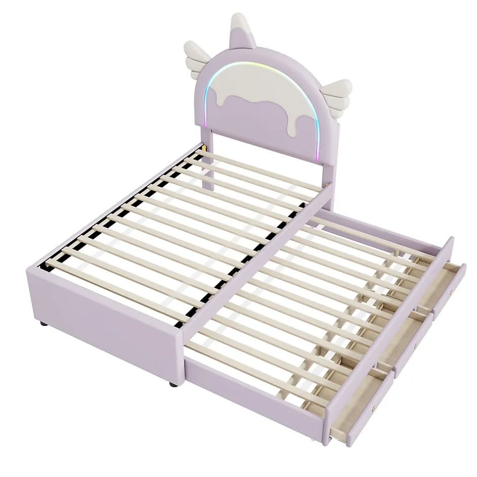 Redom Lit 90x200 cm en forme de licorne avec tête de lit en PU et tiroir gigogne, style enfant violet, MDF robuste Best