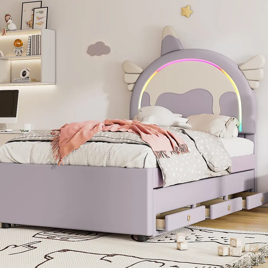 Redom Lit 90x200 cm en forme de licorne avec tête de lit en PU et tiroir gigogne, style enfant violet, MDF robuste Best