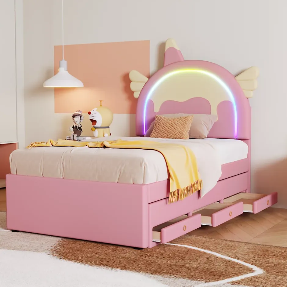 Redom Lit 90x200 cm en forme de licorne avec lit gigogne et tête de lit rembourrée en PU, style enfant rose Sale