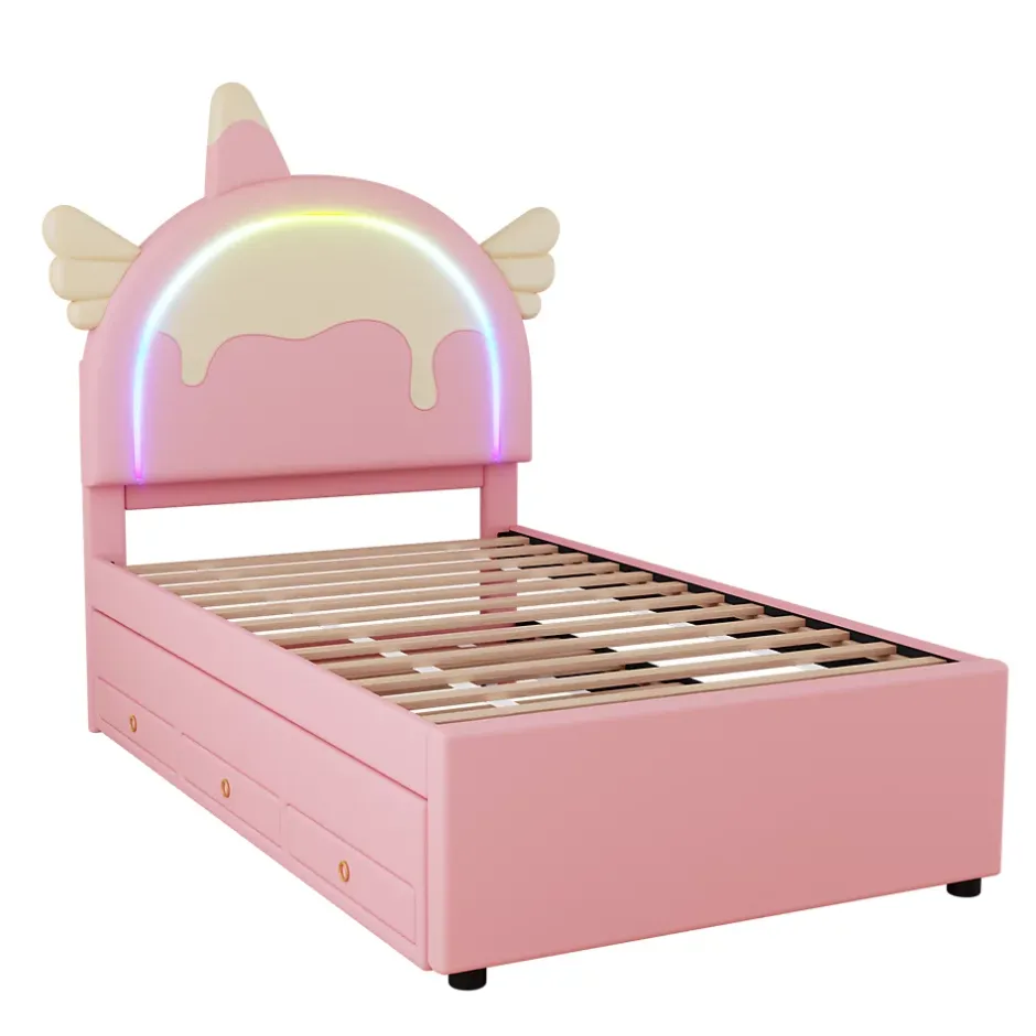 Redom Lit 90x200 cm en forme de licorne avec lit gigogne et tête de lit rembourrée en PU, style enfant rose Sale