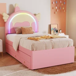 Redom Lit 90x200 cm en forme de licorne avec lit gigogne et tête de lit rembourrée en PU, style enfant rose Sale