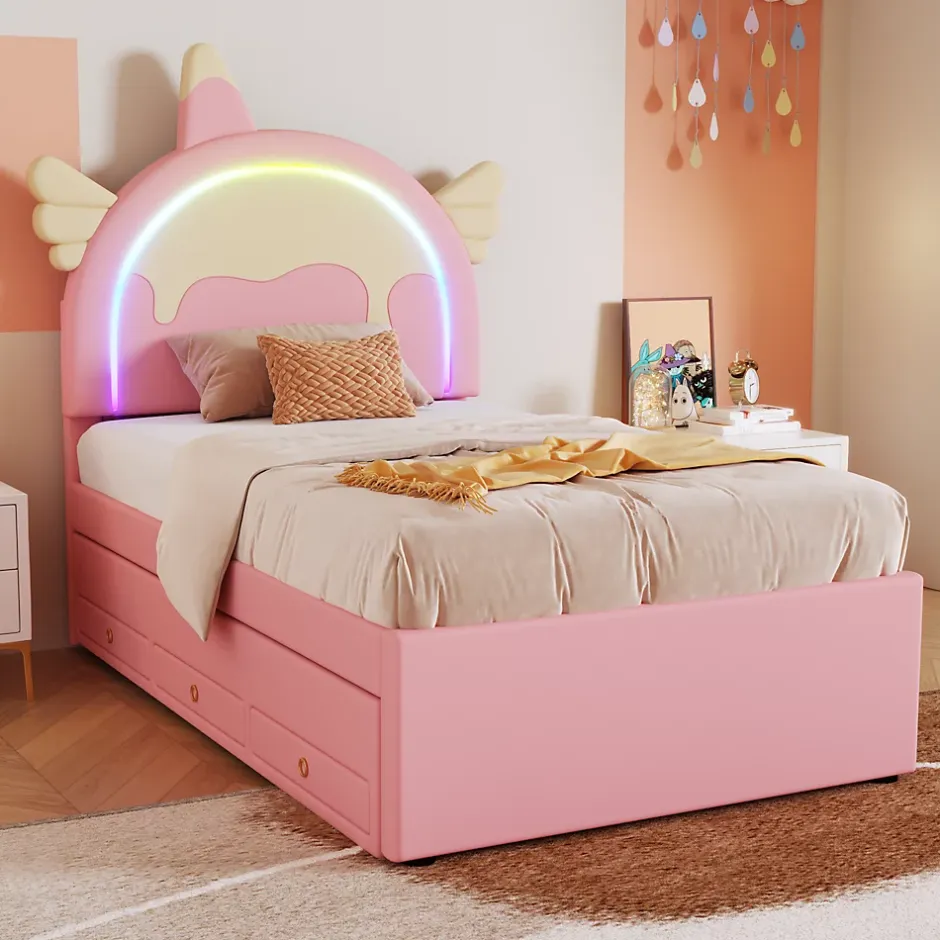 Redom Lit 90x200 cm en forme de licorne avec lit gigogne et tête de lit rembourrée en PU, style enfant rose Sale