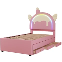 Redom Lit 90x200 cm en forme de licorne avec lit gigogne et tête de lit rembourrée en PU, style enfant rose Sale