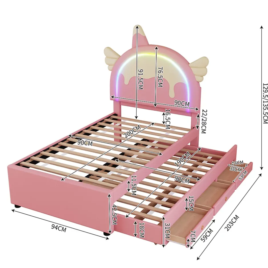 Redom Lit 90x200 cm en forme de licorne avec lit gigogne et tête de lit rembourrée en PU, style enfant rose Sale