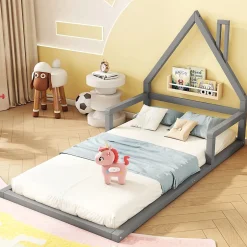 Enfant Redom Lit 90x200 cm en forme de maison avec cadre en pin massif et MDF, design scandinave gris, sommier 7 lattes, idéal chambre enfant