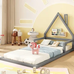 Enfant Redom Lit 90x200 cm en forme de maison avec cadre en pin massif et MDF, design scandinave gris, sommier 7 lattes, idéal chambre enfant