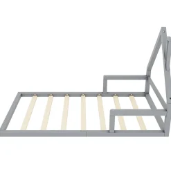 Enfant Redom Lit 90x200 cm en forme de maison avec cadre en pin massif et MDF, design scandinave gris, sommier 7 lattes, idéal chambre enfant