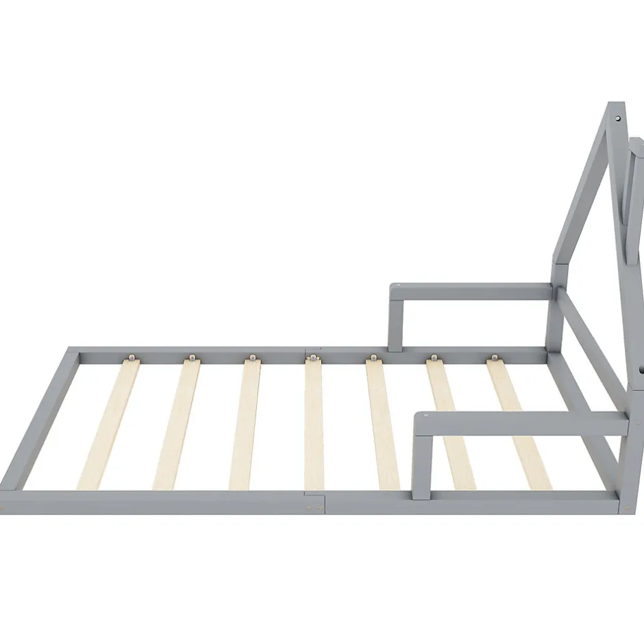 Enfant Redom Lit 90x200 cm en forme de maison avec cadre en pin massif et MDF, design scandinave gris, sommier 7 lattes, idéal chambre enfant