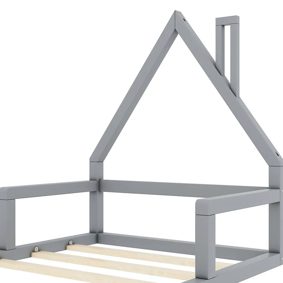 Enfant Redom Lit 90x200 cm en forme de maison avec cadre en pin massif et MDF, design scandinave gris, sommier 7 lattes, idéal chambre enfant