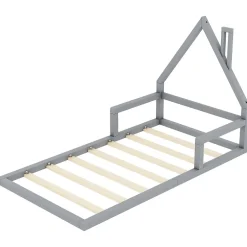 Enfant Redom Lit 90x200 cm en forme de maison avec cadre en pin massif et MDF, design scandinave gris, sommier 7 lattes, idéal chambre enfant