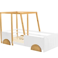 Redom Lit 90x200 cm en forme de voiture avec cadre en pin massif et barrières de protection, blanc/naturel Hot